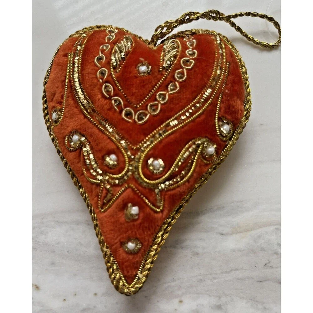 Heart‎ Christmas Ornament Holiday Embellished Rhinestone Velvet Orange Gold NWT